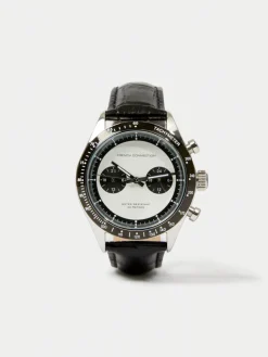 Black Leather Strap Watch with White Dial