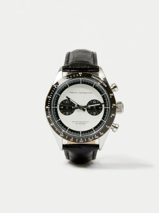 Black Leather Strap Watch with White Dial