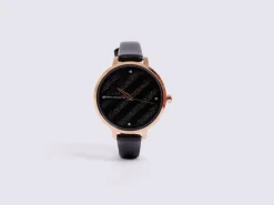 Black Leather Strap Watch with Black Glitter Dial