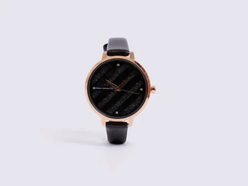 Black Leather Strap Watch with Black Glitter Dial