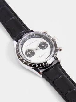 Black Leather Strap Watch with White Dial