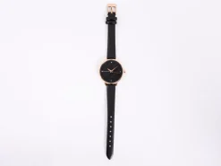 Black Leather Strap Watch with Black Glitter Dial