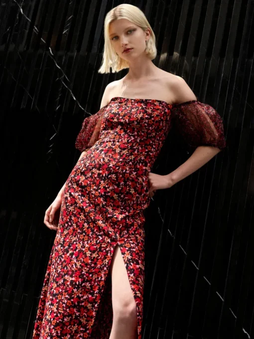 Clara Flavia Bardot Organza Puff Sleeve Dress