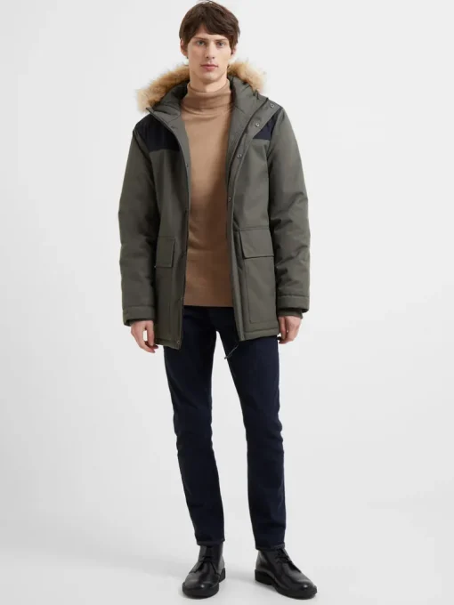 Contrast Faux Fur Trim Parka Coat