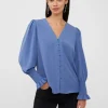 Crepe V-Neck Smocked Sleeve Blouse