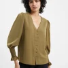 Crepe V-Neck Smocked Sleeve Blouse
