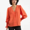 Crepe V-Neck Smocked Sleeve Blouse
