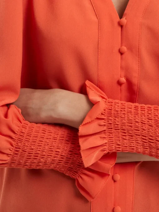 Crepe V-Neck Smocked Sleeve Blouse