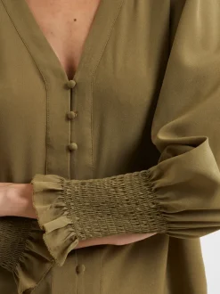 Crepe V-Neck Smocked Sleeve Blouse