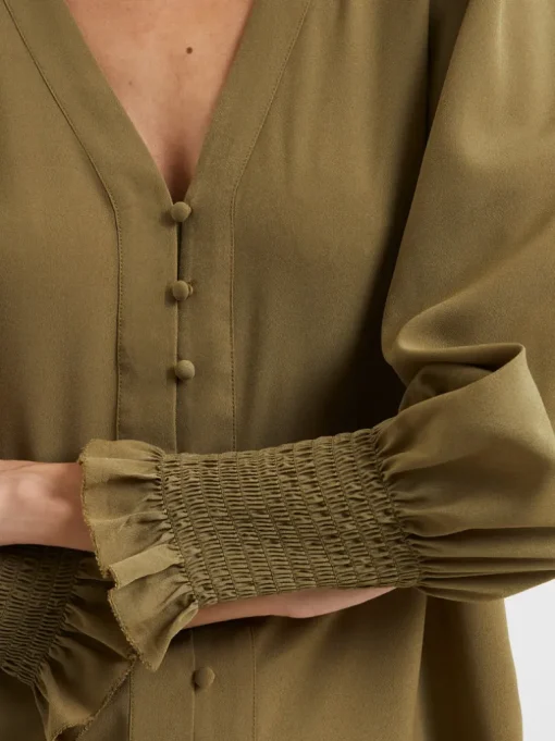 Crepe V-Neck Smocked Sleeve Blouse
