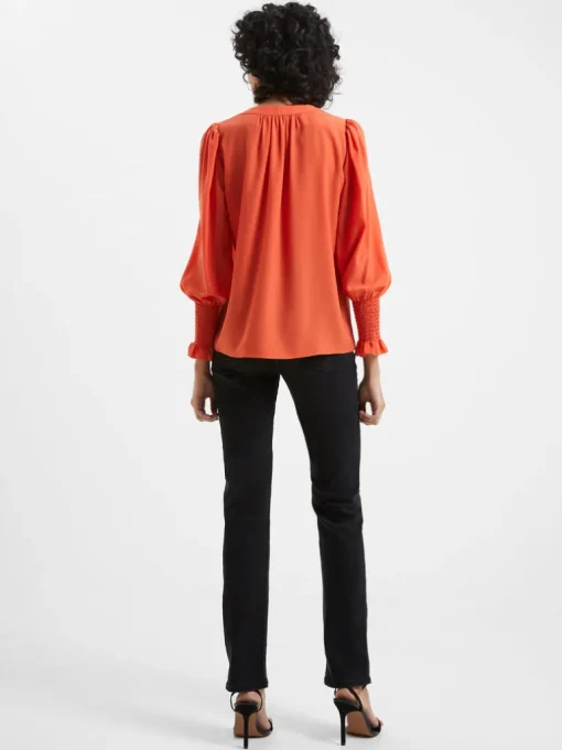 Crepe V-Neck Smocked Sleeve Blouse
