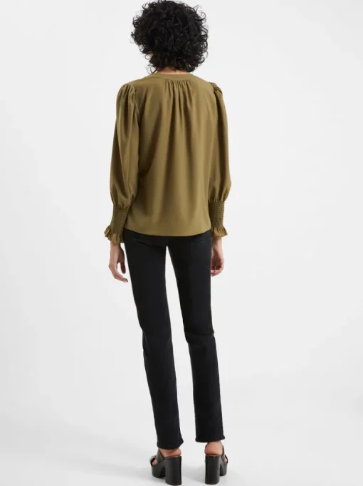 Crepe V-Neck Smocked Sleeve Blouse