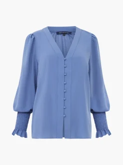 Crepe V-Neck Smocked Sleeve Blouse