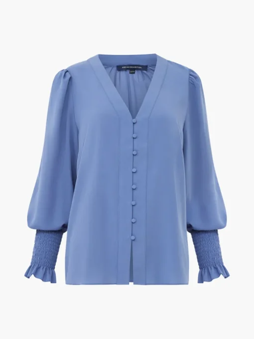 Crepe V-Neck Smocked Sleeve Blouse