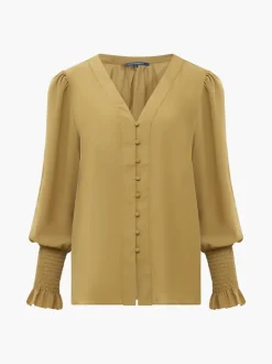 Crepe V-Neck Smocked Sleeve Blouse