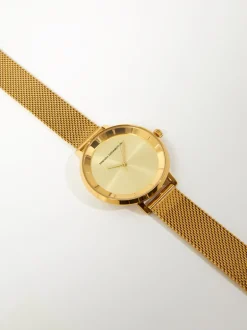 Gold Tone Mesh Bracelet Watch with Champagne Dial
