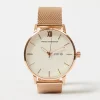 Rose Gold Tone Mesh Bracelet Watch with White Dial