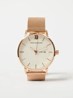 Rose Gold Tone Mesh Bracelet Watch with White Dial