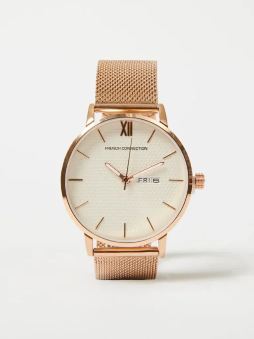 Rose Gold Tone Mesh Bracelet Watch with White Dial