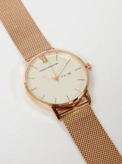 Rose Gold Tone Mesh Bracelet Watch with White Dial