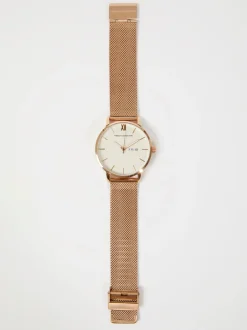 Rose Gold Tone Mesh Bracelet Watch with White Dial