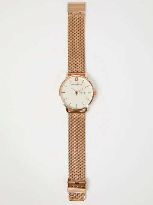 Rose Gold Tone Mesh Bracelet Watch with White Dial